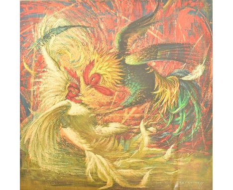 Vladimir Tretchikoff - a large vintage 20th century fighting cocks print. The print signed lower right. Framed. Measures appr