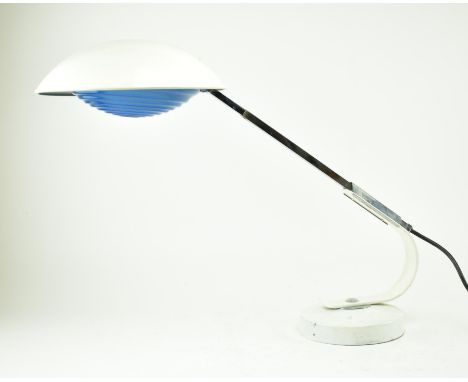 Solere - A retro mid 20th century French designer desk / table lamp light. The lamp having a white aluminium UFO shade suppor