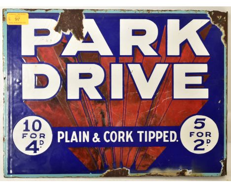 Park Drive - A vintage 20th century point of sale advertising double sided porcelain enamel sign. The sign in blue, red and w