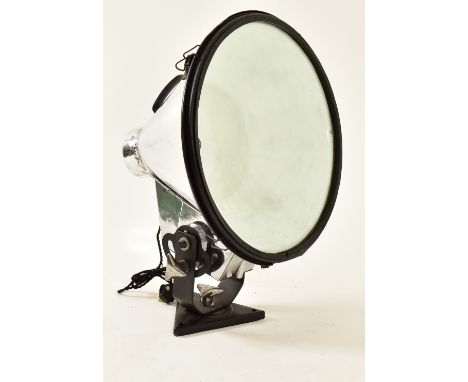 A large vintage late 20th century conical floor industrial / factory flood light. The light having a chrome conical shade wit