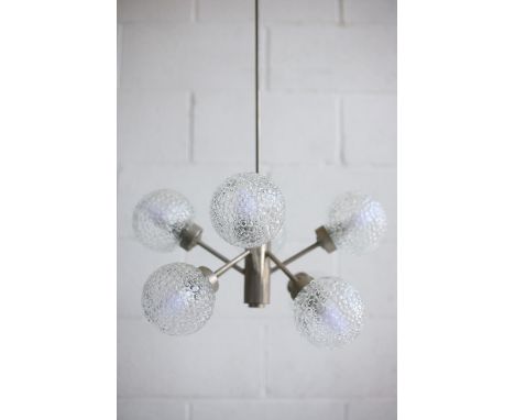 A retro 20th century 1970s designer hanging ceiling light. The light having an aluminium frame and eight protruding arms, eac