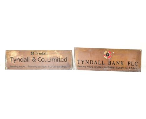 Tyndall &amp; Co. Limited - A pair of 20th century bronze toned metal street signs for Tyndall Bank. Each with enamelled lett