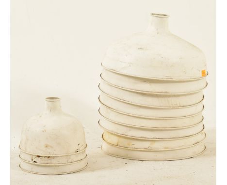 A set of eight retro late 20th century white painted metal industrial / factory ceiling light shades of squatted conical shap