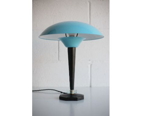 A vintage 20th century 1930s Art Deco modernist Bauhaus style table / desk lamp light. The lamp having two part domed blue sh