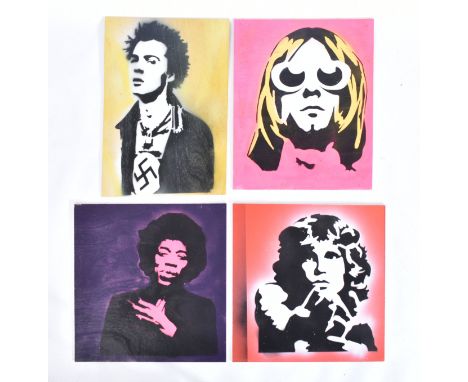 David Hudson - a collection of four contemporary stencil spray painting / acrylic painting on board. The artwork depicting va