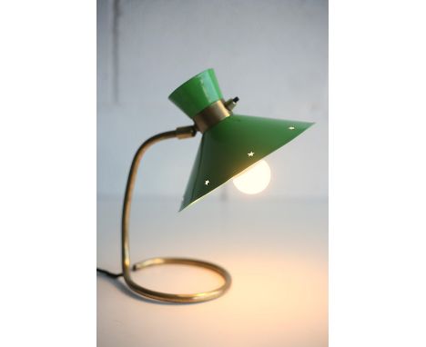 A retro mid 20th century 1950s designer desk lamp light. The lamp having a&nbsp;green Diablo double shade supported on a curv