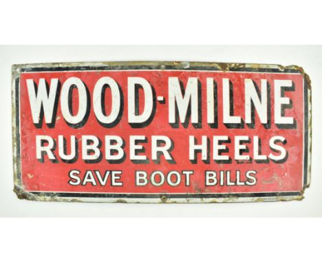 Wood-Milne Rubber Heels - a vintage 20th century enamel point-of-sale shop advertising sign. The sign reading 'Save Boot Bill