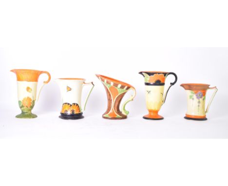 Myott, Son & Co. - five early 20th century circa 1930s Art Deco ceramic centrepiece jugs / pitchers. In various sizes and for