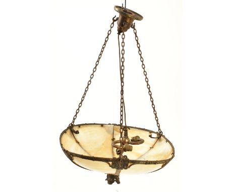 An early 20th century Art Nouveau panelled alabaster fly catcher ceiling light shade. Circular domed form with brassed frame 
