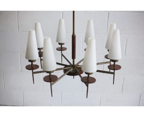 Maison Lunel - A retro 20th century 1950s French eight branch hanging teak and brass ceiling light. The light having a centra