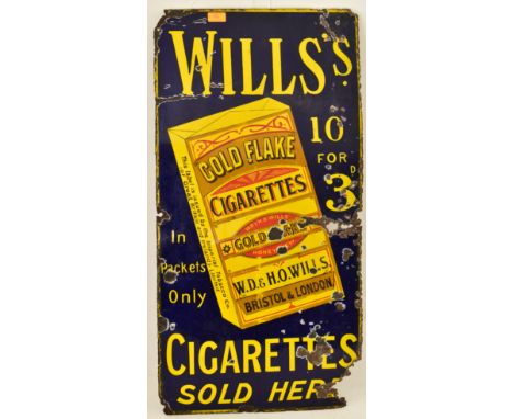 Wills's Gold Flake - A vintage 20th century point of sale shop display advertising porcelain enamel sign. The sign having blu