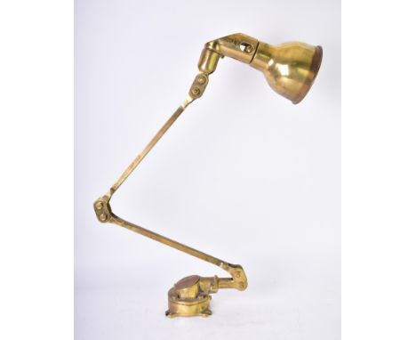 Mek-Elek - A retro early 20th century circa 1940s brass industrial two part adjustable arm lamp light. The light having a con