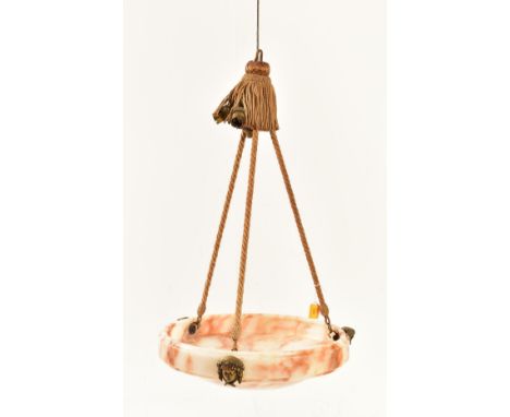 An early 20th century Art Nouveau alabaster fly catcher ceiling light shade. Circular domed form with three classical face ma