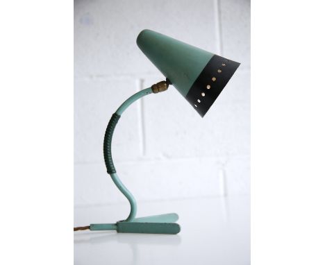 A vintage mid century 1950s French designer desk / table lamp light. The lamp having a conical turquoise lamp with perforated