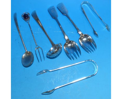 A pair of fiddle pattern monogrammed serving forks; a Georgian silver sifter spoon; a small silver sauce ladle; 3 pairs of si