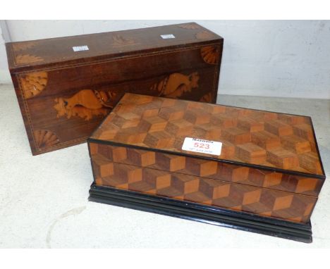 A cube parquetry work jewellery box, 9½"; another 19th century box inlaid with shells, 11½"