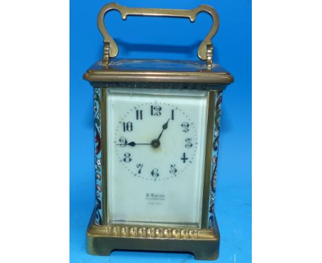 A 19th century French carriage clock in brass and champlevé case, white enamel dial lettered H White Manchester