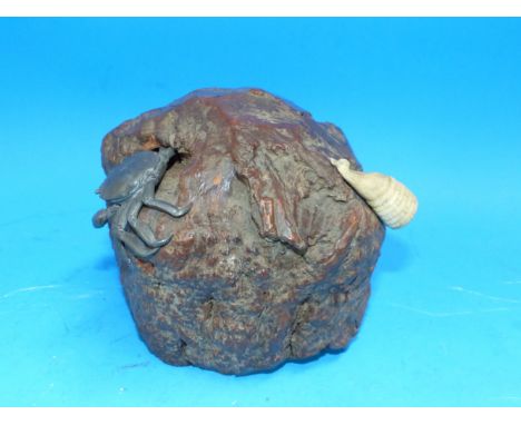 A Japanese hardwood boulder with applied naturalistic decoration, height 5"