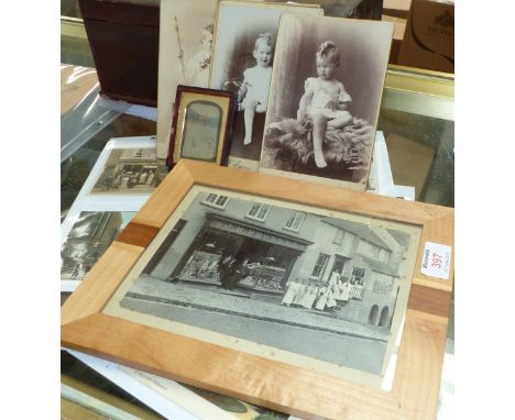 A Victorian daguerreotype portrait of a girl in lace dress, 2¼" x 1½"; 4 cabinet photos of a brother and sister; 2 photos of 