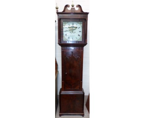 An early 19th century inlaid mahogany longcase clock by Swann, Stockport, the hood with 3 brass finials, swan neck pediment a