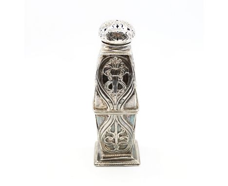 Omar Ramsden (1873-1939) - an Arts & Crafts planished silver sugar caster, of stylised form with square footed base with rope