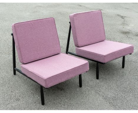 A Pair of Alf Svensson 1950's 'domus' ebonised lounge chairs with later light purple cushions, each approx. 68cm high x 73cm 