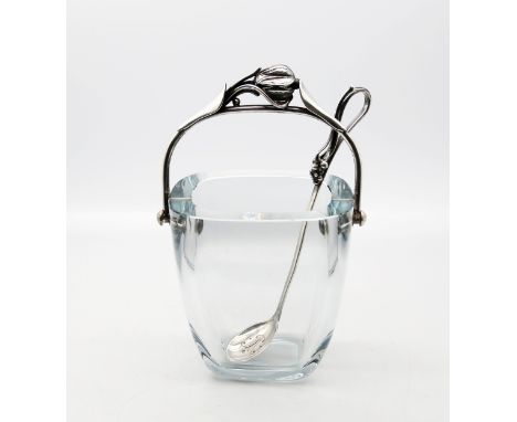 A 20th century Danish tapering clear glass ice bucket, with silver openwork handle and matching long spoon with similar openw