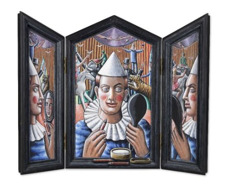 P J Crook (British, born 1945)Circus Triptych signed 'PJ Crook' (central panel, lower left); further signed, titled and dated