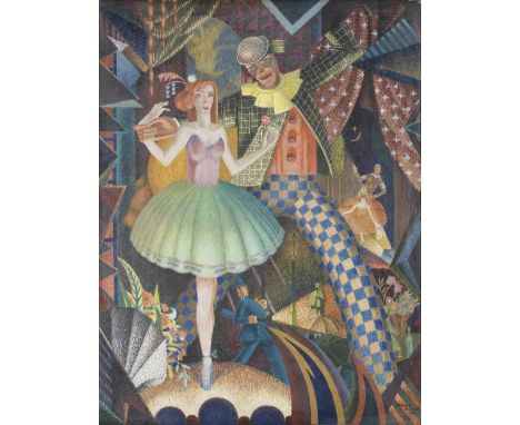 Frank Wood (British, 1904-1976)Harlequinade signed and dated 'FRANK/WOOD./37.' (lower right)tempera on canvas, laid on panel5