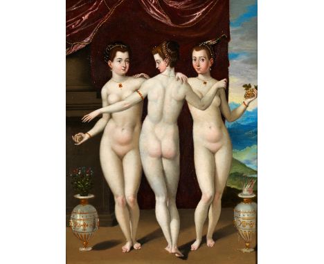 Jacopo Zucchi,um 1540/42 – um 1589/96, zug..DIE DREI GRAZIENÖl auf Kupfer.26 x 19 cm.Rahmen gestempelt „Gehring/Heijdenrijk“.