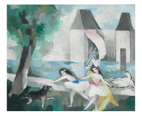 Marie Laurencin, 1883 Paris – 1956 ebendaLES JEUNES FILLES AU CHÂTEAU Öl auf Leinwand. 45 x 55 cm. Rechts oben signiert „Mari