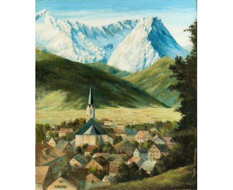 Künstler des 20. JahrhundertsMalerisch gelegenes Dorf vor den Alpen Öl auf Leinwand. 79 x 66 cm. Rechts unten signiert „M. Sc