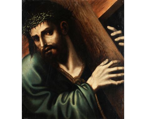Luis Morales, um 1509 Badajoz – 1586, zug.KREUZTRAGUNG CHRISTI Öl auf Holz. 55 x 49 cm. In breitem goldreliefiertem Rahmen.In