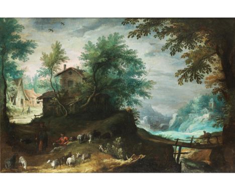 Paul Bril, um 1553/54 Breda – 1626 Rom, zug.BEWEGTE LANDSCHAFT MIT VERSCHATTETEM HÜGEL UND SCHAFHIRTEN Öl auf Leinwand. Wachs