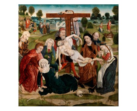 Brügger Meister, um 1510/ 1520KREUZABNAHME CHRISTI Öl auf Holz. 111 x 109 cm. In teilvergoldetem profiliertem Rahmen.Der Berg