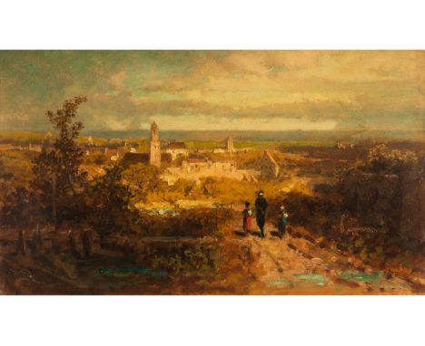 Carl Spitzweg, 1808 München – 1885 ebendaABENDLANDSCHAFT MIT STADT Öl auf Karton. 15,5 x 27 cm. Links unten signiert „S“ im R