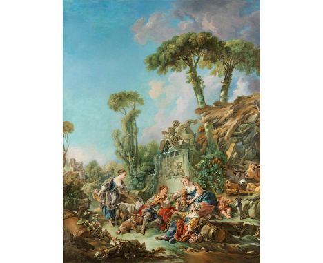 François Boucher, 1703 Paris – 1770 ebenda, zug.DIE MUSIKSTUNDE Öl auf Leinwand. 154 x 119 cm.Das größtenteils wandfüllende G