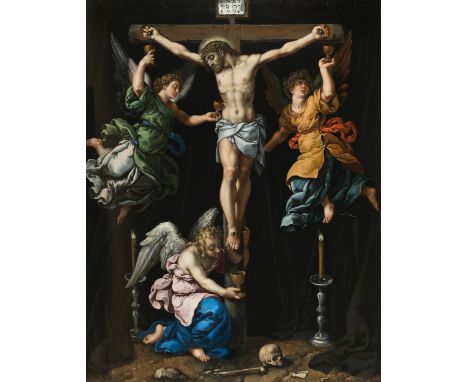 Frans Pourbus d. Ä.,1545 Brügge - 1581 Antwerpen, zug.CHRISTUS AM KREUZ MIT ENGELN (EIGENTLICH „ENGEL SAMMELN DAS BLUT CHRIST