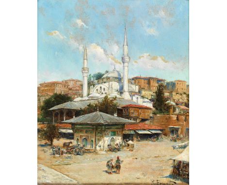 Rudolph Ernst, 1854 Wien – 1932 Paris, BLICK AUF DEN MARKT VON KONSTANTINOPEL Öl auf Holz. 27 x 21,5 cm. Rechts unten signier