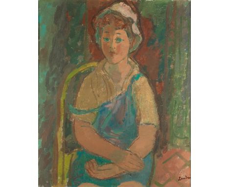 Sigmund Landau, 1898 Lodz – 1962PORTRAIT EINES JUNGEN MÄDCHENS IN TÜRKIS-BLAUEM KLEID Öl auf Leinwand. 65 x 54 cm. Rechts unt