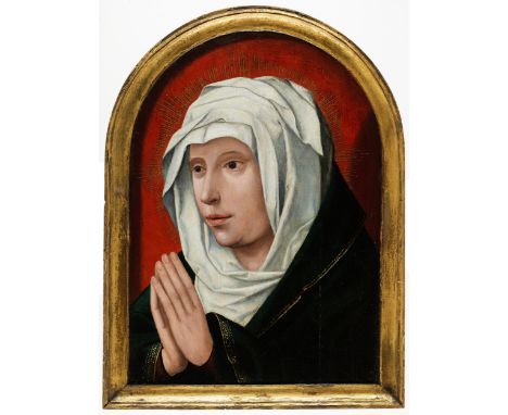 Dieric Bouts, 1415/20 Haarlem – 1475 Löwen, zug.PORTRAIT EINER BETENDEN HEILIGEN Öl auf Holz, nach oben abgerundet. 34,7 x 24