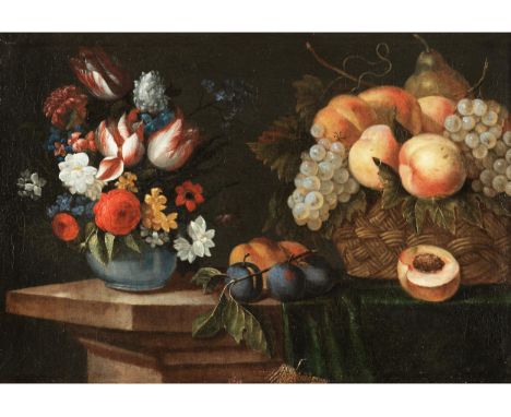 François Habert, tätig in Frankreich zwischen 1643 und 1652, zug. VASE MIT BLUMEN UND KORB MIT OBST, UM 1650Öl auf Leinwand. 