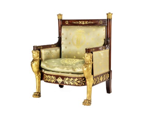 Empire-FauteuilLehnenhöhe: 104 cm. Sitzhöhe: 40 cm. Frankreich, um 1810.Herrschaftliches Sitzmöbel im Napoleonischen Stil, di