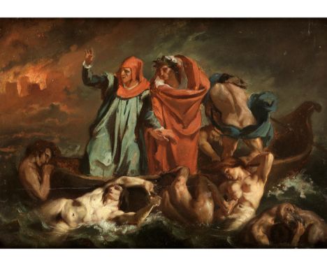 Eugène Delacroix, 1798 Charenton-Saint-Maurice, Paris – 1863 ebendaDIE DANTEBARKE Öl auf Leinwand. 26 x 36 cm. Um 1840. In ve