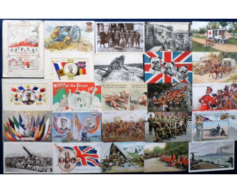 Postcards, Military, WWI, selection, approx. 70 cards inc. Britain Prepared Navy (21), Walker Harrison Advert, Embroidered si