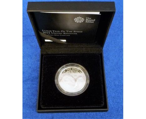 One Ounce Silver Proof Coin, 2015 Year of the Sheep, in presentation box with certificate (no.4358) (light marks to box and s