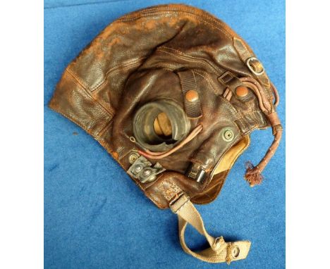 WW2 Flying Helmet, late C Pattern, externally wired with elastic chin strap, wiring loom and radio receivers missing (gd)