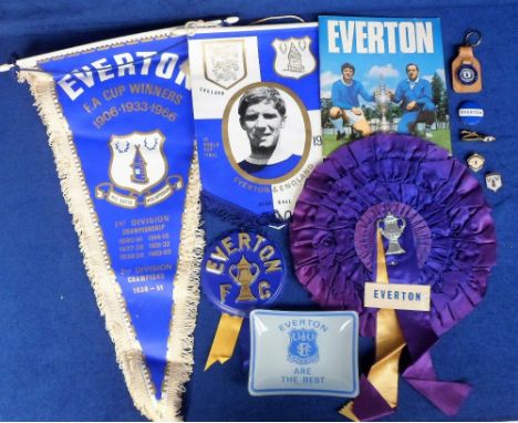 Football, Everton, 1960's/70's selection, giant rosette, approx 25cm diameter with FA Cup to centre, a large pennant with det