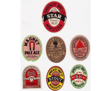 Beer labels, a selection of 7 labels including Spreckley Bros Worcester, various shapes and sizes (gen gd)