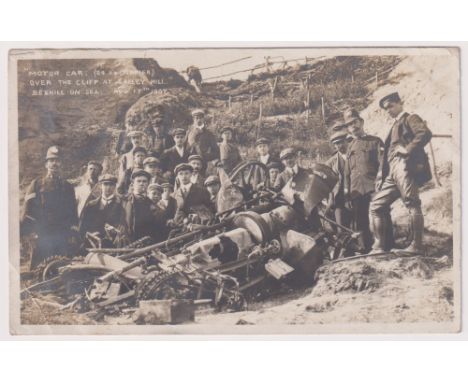 Postcard, Sussex, RP, Motor Car Accident (Napier) vehicle over cliff at Bexhill-on-Sea, 17th August 1907, by Emil Visler, pos